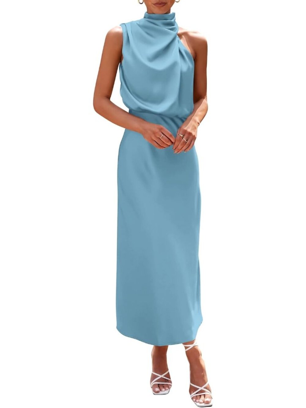 Women's Summer Satin Light Blue Sleeveless Mock Neck Cocktail Party Maxi Dress